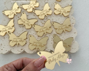 Personalised Butterfly Tag Acrylic Mirror, Custom Baptism Tag, Engrave Tag, Baby Shower Tag, Candle Favour Tag, Bonboniere Tags, Mirror Gold