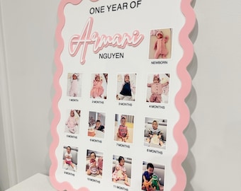 Custom First Birthday Photo Board Wavy Frame, One Year of Photos Milestone Board, Personalised Baby Photo Board, Birthday Photo Keepsake