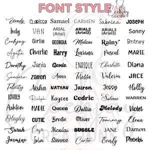 Puede incluir: Sobre un fondo blanco, se muestran varios estilos de fuente, cada uno con un nombre. El texto "FONT STYLE" est&aacute; en la parte superior en rosa. La direcci&oacute;n del sitio web www.ceehjaycreations.com.au est&aacute; en la parte inferior.