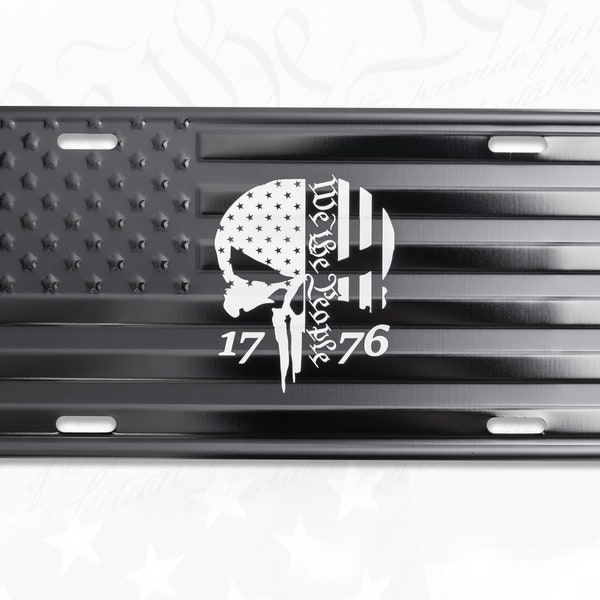 1776 We The People Skull License Plate Tag on Embossed American Flag