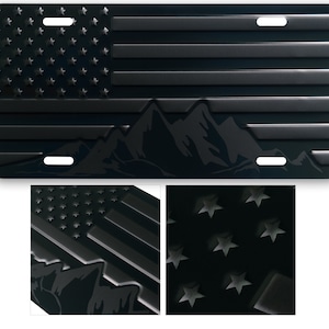 Blackout American Flag Patriotic License Plate with Mountains. Black on Matt Black Embossed Aluminum