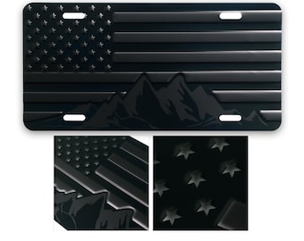 Blackout American Flag Patriotic License Plate with Mountains. Black on Matt Black Embossed Aluminum