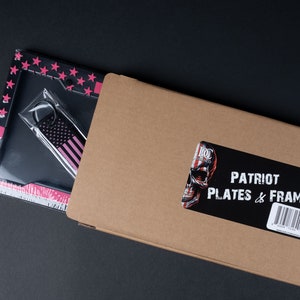 American Flag License Plate Frame and Key Tag Combo. Pink & Black 3D Raised