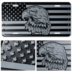 American Flag With Eagle License Plate. Aluminum Embossed Stars and Stripes