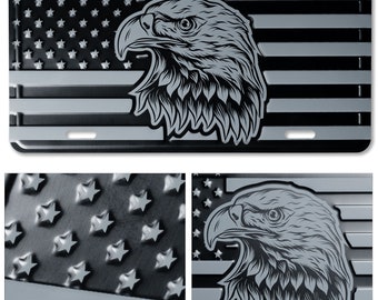 American Flag With Eagle License Plate. Aluminum Embossed Stars and Stripes