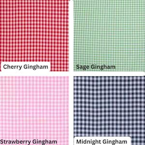 May include: Four fabric swatches in a gingham pattern. Colors include red with "Cherry Gingham" text, green with "Sage Gingham" text, pink with "Strawberry Gingham" text, and navy blue with "Midnight Gingham" text.