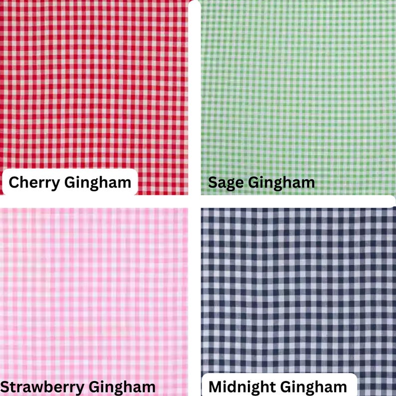 May include: Four fabric swatches in a gingham pattern. Colors include red with "Cherry Gingham" text, green with "Sage Gingham" text, pink with "Strawberry Gingham" text, and navy blue with "Midnight Gingham" text.