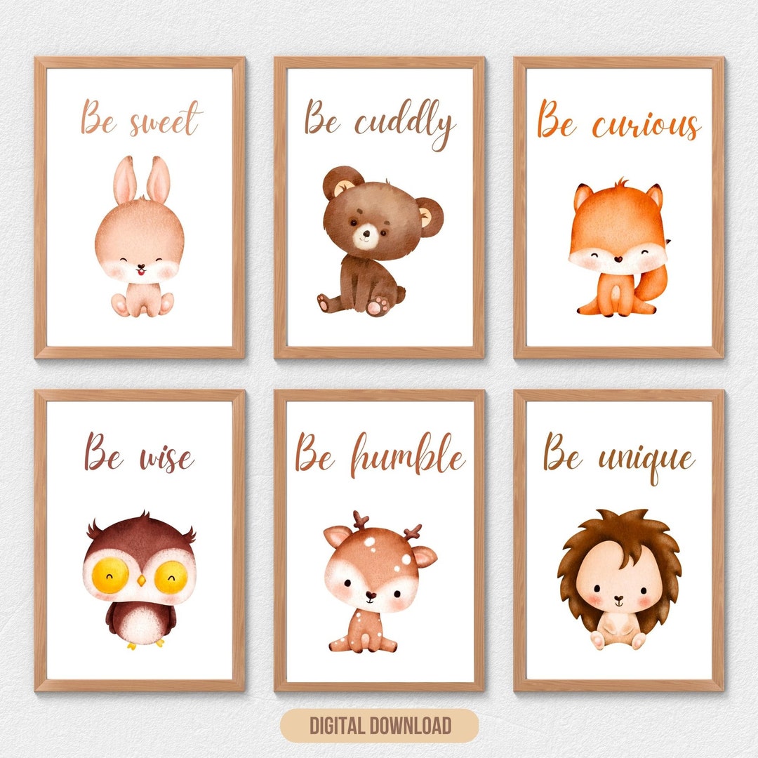 Printable Baby Forest Animals Nursery Prints, Set of 6 Prints, Nursery