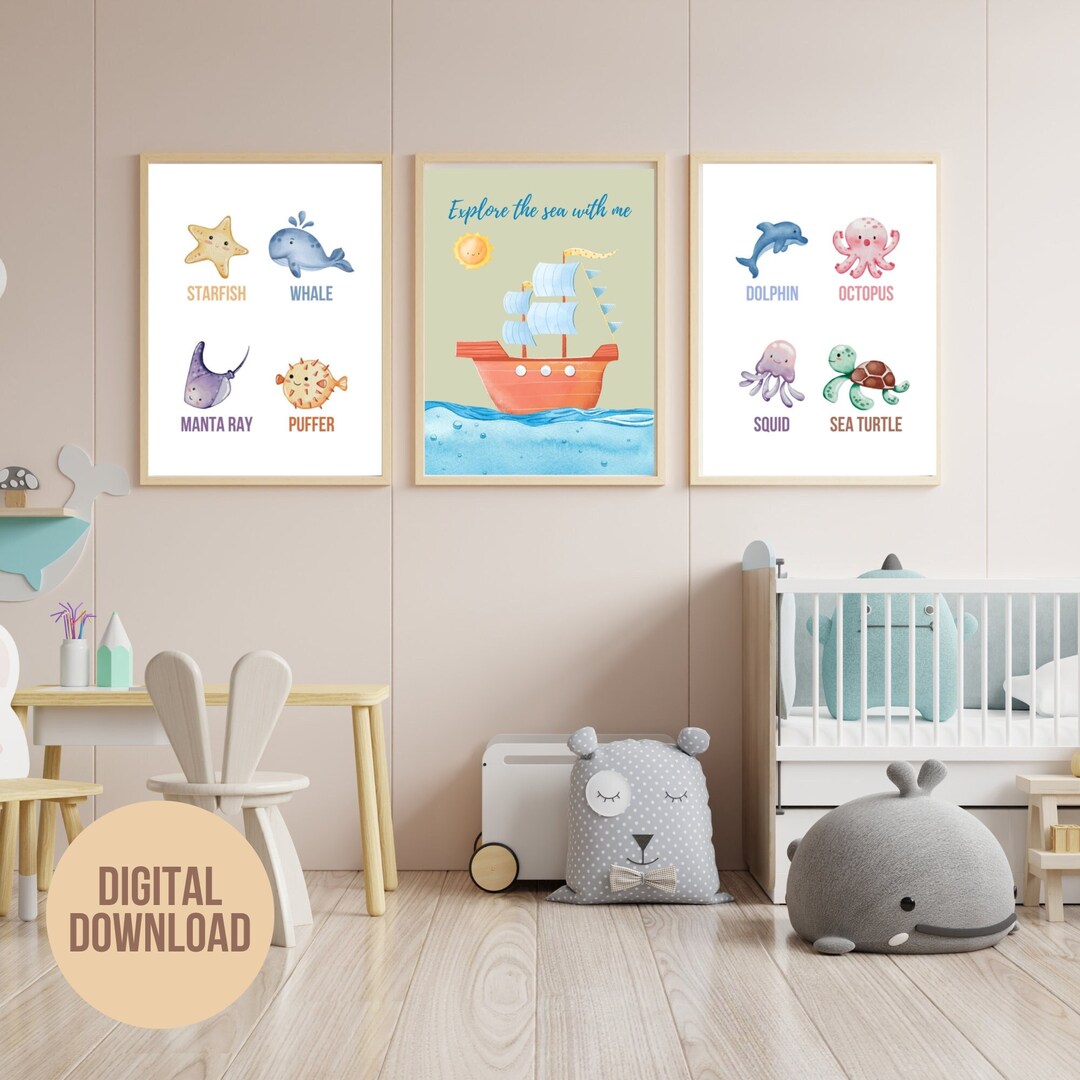 Printable Sea Life Nursery Prints, Set of 3 Prints, Nursery Decor, Wall Art, Sea Animal Prints