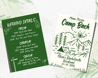 Camp Bachelorette Invitation, Bachelorette Party Itinerary, Outdoorsy Bach Party, Digital Download Invite, Editable Canva Template