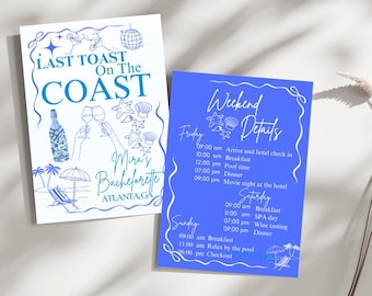 Ostatni toast na wybrzeżu Bachelorette Itinerary, zaproszenie na wieczór panieński na plaży, zaproszenie na wieczór panieński, edytowalny szablon Canva