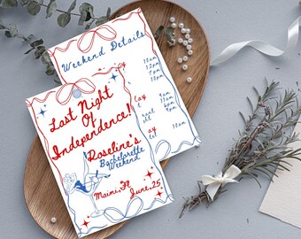 Last Night of Independence Bachelorette Invitation Template – Editable Canva Bridal Party Itinerary, Girls Trip Digital Download