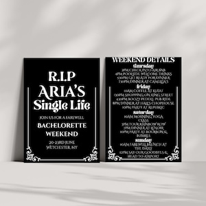 RIP Single Life Bachelorette Einladung & Reiseplan Vorlage | Spooky Bach Party einladen | Bis der Tod uns Party macht Canva Bearbeitbar