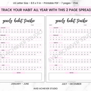 May include: A printable two-page habit tracker spread with a pink background. The tracker is designed to track habits for each month of the year. The months are listed in order from January to December. The tracker includes a section for notes.