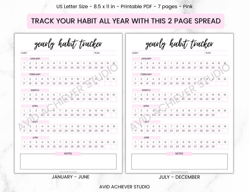 May include: A printable two-page habit tracker spread with a pink background. The tracker is designed to track habits for each month of the year. The months are listed in order from January to December. The tracker includes a section for notes.