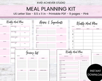 Meal Planning Kit | Meal Plan Printable | Grocery List | Meal Prep | Menu Planner | Meal Planner Insert | Letter | Recipe | Food Journal