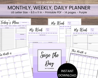 May include: Printable planner with a purple and white color scheme. The planner includes monthly, weekly, and daily pages. The text "Seize the Day" is featured on the cover.