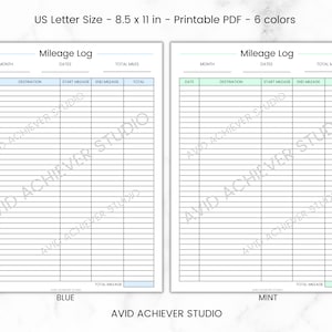 May include: Printable mileage log template in blue and mint colours. The template is designed for US Letter size paper and includes columns for date, month, destination, start mileage, end mileage, and total miles.