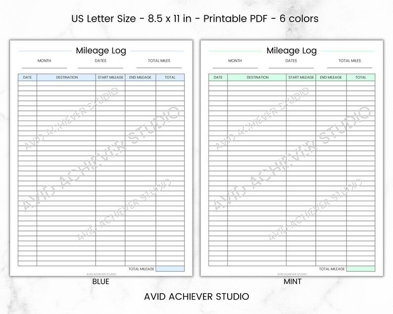 May include: Printable mileage log template in blue and mint colours. The template is designed for US Letter size paper and includes columns for date, month, destination, start mileage, end mileage, and total miles.