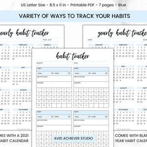 May include: A printable PDF habit tracker with a blue and white color scheme. The tracker includes a yearly calendar, a monthly calendar, and a section for goal setting, motivation, and rewards. The text "yearly habit tracker" is at the top of the page.