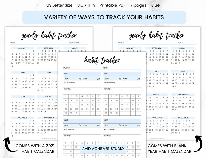 May include: A printable PDF habit tracker with a blue and white color scheme. The tracker includes a yearly calendar, a monthly calendar, and a section for goal setting, motivation, and rewards. The text "yearly habit tracker" is at the top of the page.
