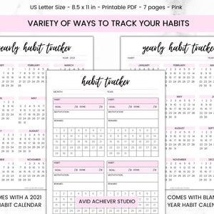 May include: A printable pink and white habit tracker with a yearly calendar layout. The tracker includes sections for goal setting, motivation, and rewards. The text "yearly habit tracker" is at the top of the page.
