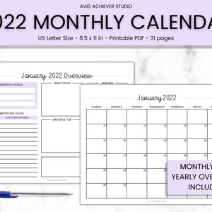 2022 Calendar Printable, Monthly Calendar Landscape, Monthly Overview, Calendar Planner, Desk Calendar 2022, Sunday Monday Start, Letter,