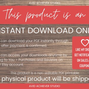Op de afbeelding: Een rode en witte afbeelding met sneeuwvlokken en de tekst "Dit product is een DIRECTE DOWNLOAD ALLEEN". De tekst legt uit dat het product een downloadbaar PDF-bestand is en dat er geen fysiek product wordt verzonden. De afbeelding bevat ook een harticoon met de tekst "LIKE MY SHOP TO GET NOTIFICATIONS ON SALES AND COUPONS!"
