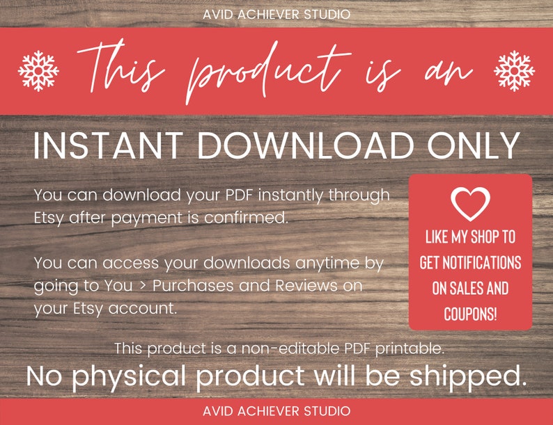 Op de afbeelding: Een rode en witte afbeelding met sneeuwvlokken en de tekst "Dit product is een DIRECTE DOWNLOAD ALLEEN". De tekst legt uit dat het product een downloadbaar PDF-bestand is en dat er geen fysiek product wordt verzonden. De afbeelding bevat ook een harticoon met de tekst "LIKE MY SHOP TO GET NOTIFICATIONS ON SALES AND COUPONS!"