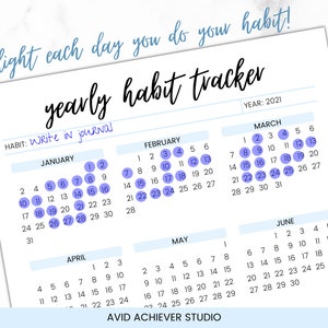 May include: A blue and white printable yearly habit tracker with the text "highlight each day you do your habit!" and "yearly habit tracker". The tracker includes a calendar for each month of the year 2021. The habit is "Write in journal".