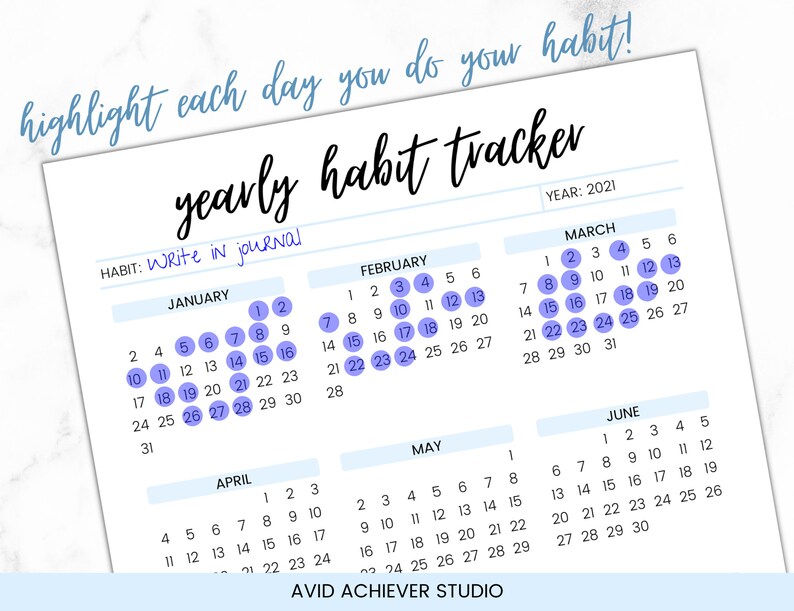 May include: A blue and white printable yearly habit tracker with the text "highlight each day you do your habit!" and "yearly habit tracker". The tracker includes a calendar for each month of the year 2021. The habit is "Write in journal".