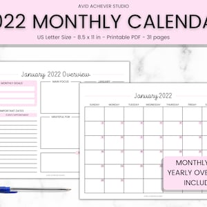 2022 Calendar Printable, Monthly Calendar Landscape, Monthly Overview, Calendar Planner, Desk Calendar 2022, Sunday Monday Start, Letter,