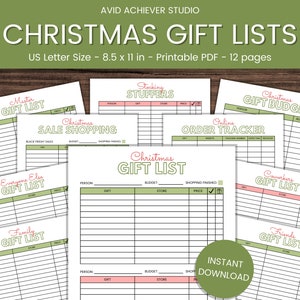 Op de afbeelding: Een set printbare kerstcadeaulijst-sjablonen in een groen-roze kleurenschema. De sjablonen omvatten een hoofdcadeaulijst, een uitverkoop-winkellijst, een lijst met kousenvullers, een kerstcadeau-budget, een online besteltracker, een cadeaulijst voor iedereen, een familie-cadeaulijst, een kerstcadeaulijst, een collega-cadeaulijst en een vrienden-cadeaulijst. De sjablonen zijn ontworpen voor US Letter-formaat papier (8,5 x 11 inch).