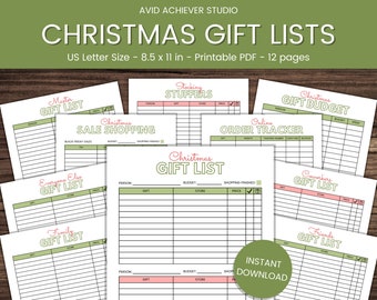 May include: A set of printable Christmas gift list templates in a green and pink color scheme. The templates include a master gift list, a sale shopping list, a stocking stuffers list, a Christmas gift budget, an online order tracker, an everyone else gift list, a family gift list, a Christmas gift list, a coworkers gift list, and a friends gift list. The templates are designed for US Letter size paper (8.5 x 11 inches).