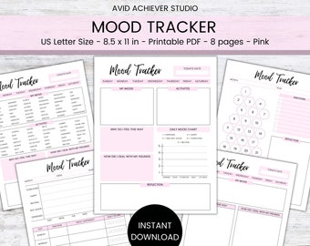 Daily Mood Tracker | Printable PDF Planner | Mental Health | Self-Care | Therapy Journal | Emotional | Bullet Journal | Letter | Wellness