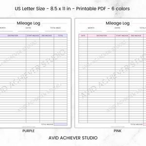 May include: Printable mileage log template in purple and pink. The template is designed for US Letter size paper and includes columns for date, month, destination, start mileage, end mileage, and total miles.