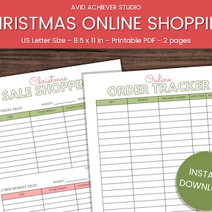 Peut inclure: Planificateur d'achats en ligne de Noël imprimable avec des sections pour les soldes du Black Friday et du Cyber Monday, ainsi qu'un suivi des commandes. Le planificateur mesure 8,5 x 11 pouces et comprend des colonnes pour le budget, le magasin, le site Web, le code promo, l'article, le cadeau, le numéro de suivi, la date prévue et la date de réception.