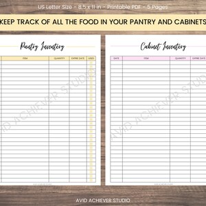 May include: A printable pantry and cabinet inventory checklist. The checklist is divided into two sections: Pantry Inventory and Cabinet Inventory. Each section has columns for date, item, quantity, expire date, and used.