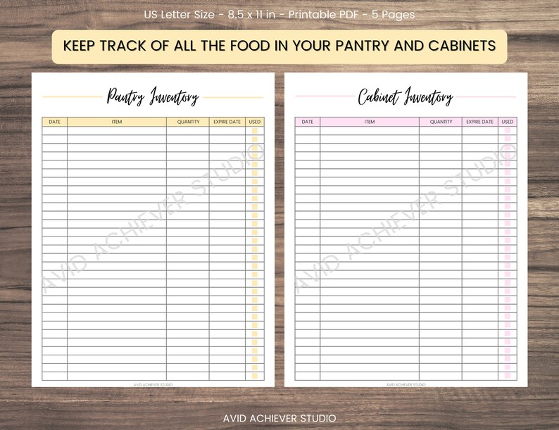 May include: A printable pantry and cabinet inventory checklist. The checklist is divided into two sections: Pantry Inventory and Cabinet Inventory. Each section has columns for date, item, quantity, expire date, and used.