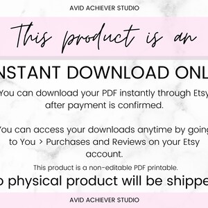 May include: A pink and white marble background with the text "This product is an INSTANT DOWNLOAD ONLY" in black. The text below explains that the product is a downloadable PDF file that can be accessed immediately after purchase.