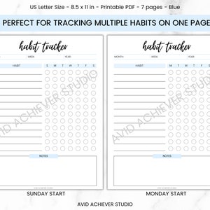 May include: A printable habit tracker with two pages, each with a grid of circles for tracking habits. The left page is labeled "Sunday Start" and the right page is labeled "Monday Start".
