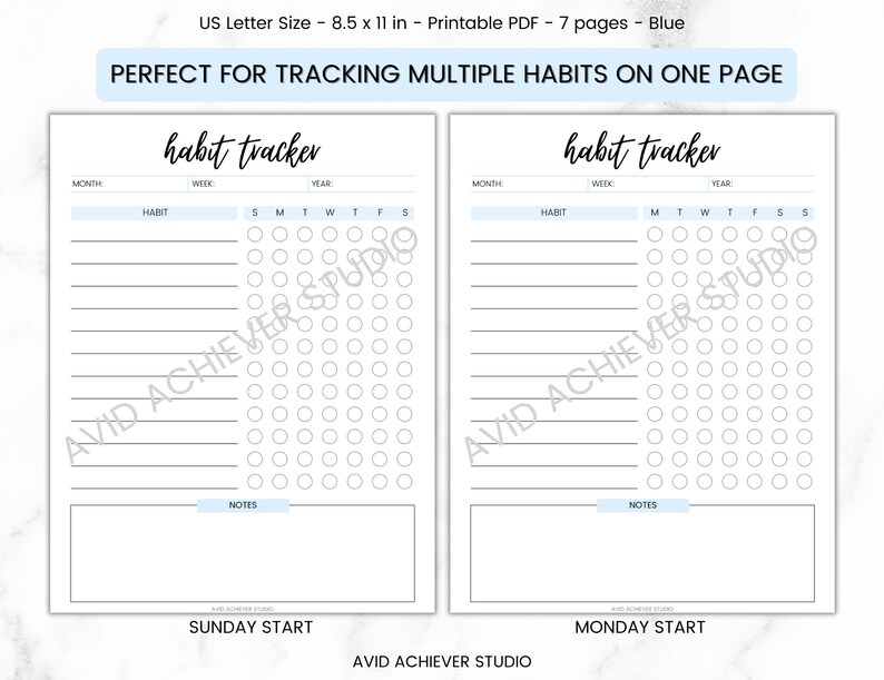 May include: A printable habit tracker with two pages, each with a grid of circles for tracking habits. The left page is labeled "Sunday Start" and the right page is labeled "Monday Start".