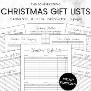 May include: A printable PDF Christmas gift list planner with 12 pages. The planner includes pages for a master gift list, stocking stuffers, a Christmas gift budget, an online order tracker, a Christmas sale shopping list, a family gift list, a coworker gift list, and a friends gift list. The planner is designed for US Letter size paper, which is 8.5 x 11 inches.