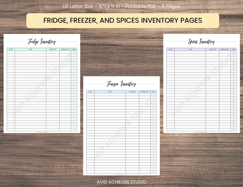 May include: Three printable inventory pages for a fridge, freezer, and spices. Each page has a title, date, item, quantity, expiration date, and used columns. The pages are designed for organizing and tracking food and spice inventory.