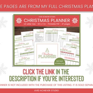 Op de afbeelding: Een printbare kerstplanner met een groen en rood kleurenschema. De planner bevat pagina's voor budgettering, cadeaulijsten, feestplanning en meer. De planner is 8,5 x 11 inch en heeft 47 pagina's.