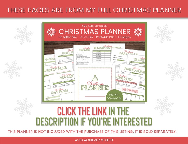 Op de afbeelding: Een printbare kerstplanner met een groen en rood kleurenschema. De planner bevat pagina's voor budgettering, cadeaulijsten, feestplanning en meer. De planner is 8,5 x 11 inch en heeft 47 pagina's.