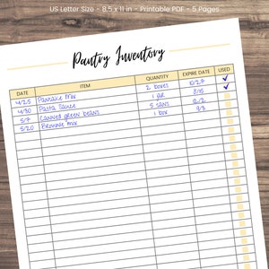 May include: A printable pantry inventory list with columns for date, item, quantity, expire date, and used. The list includes items like pancake mix, pasta sauce, canned green beans, and brownie mix.
