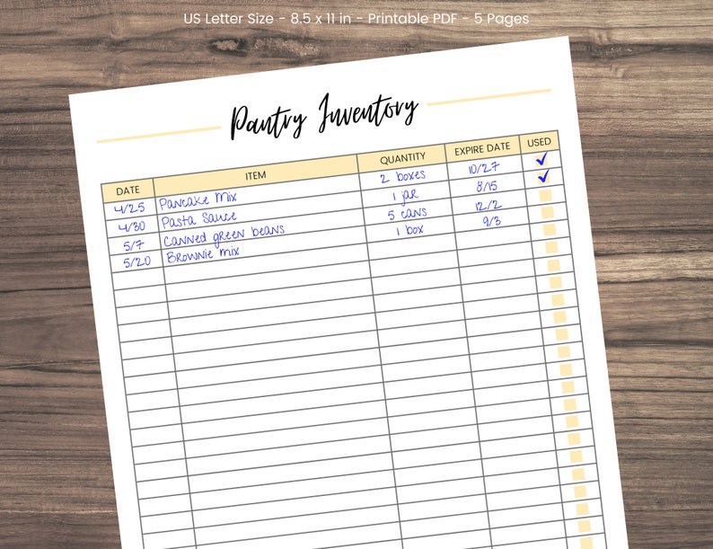 May include: A printable pantry inventory list with columns for date, item, quantity, expire date, and used. The list includes items like pancake mix, pasta sauce, canned green beans, and brownie mix.