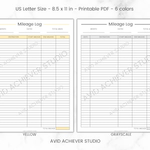May include: Printable mileage log template in yellow and grayscale. The template is designed for US Letter size paper and includes columns for date, month, destination, start mileage, end mileage, and total mileage.
