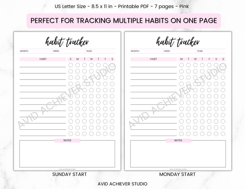 May include: Two printable habit tracker pages with a pink background. Each page has a section for month, week, habit, and year. The pages are designed for tracking multiple habits on one page. The text "habit tracker" is written in black cursive at the top of each page. The text "SUNDAY START" is written at the bottom of the left page. The text "MONDAY START" is written at the bottom of the right page.